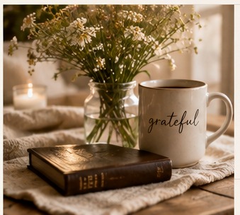 Coffee, Bible, and wildflowers on a cozy table